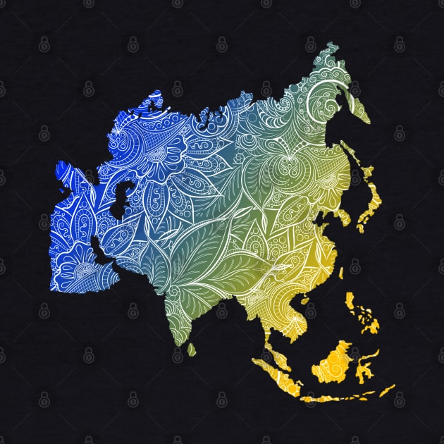 Colorful mandala art map of Asia with text in blue and yellow by Happy Citizen